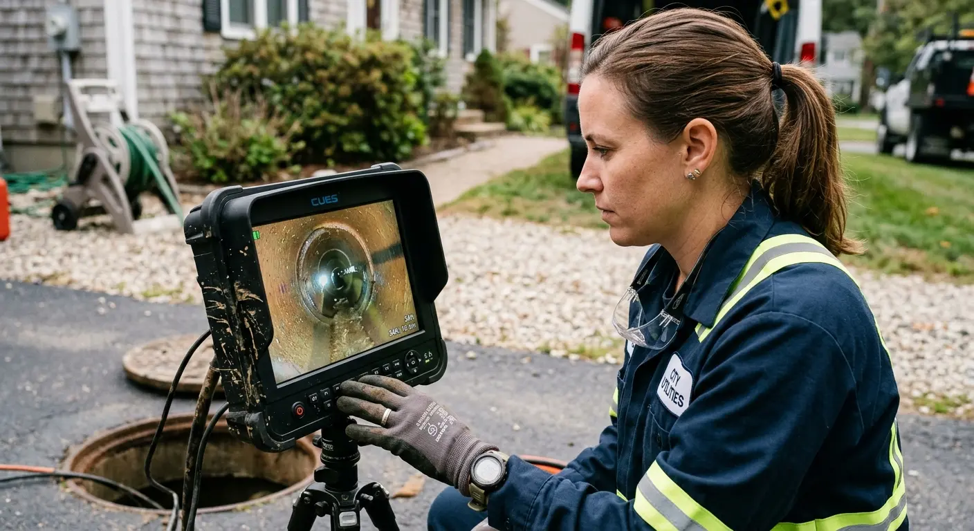 Technician reviewing sewer camera inspection footage in San Elizario