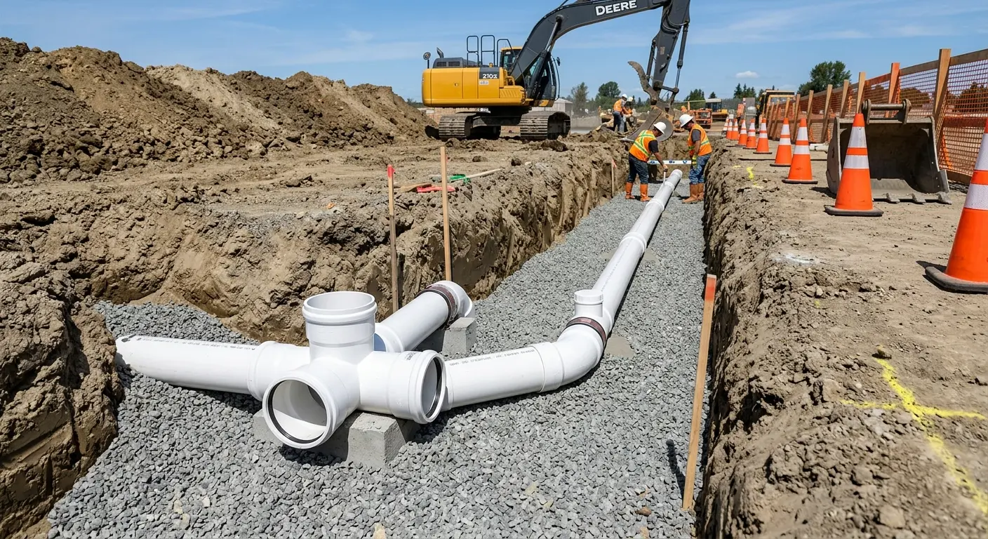 New PVC sewer pipe installation in open trench for Grease Trap Cleaning in San Elizario