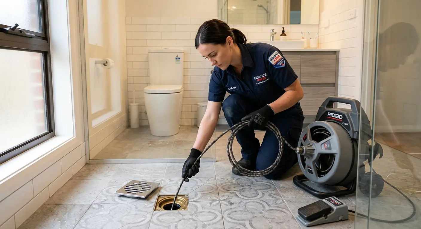 Technician clearing a bathroom floor drain for Hydro Jetting in San Elizario